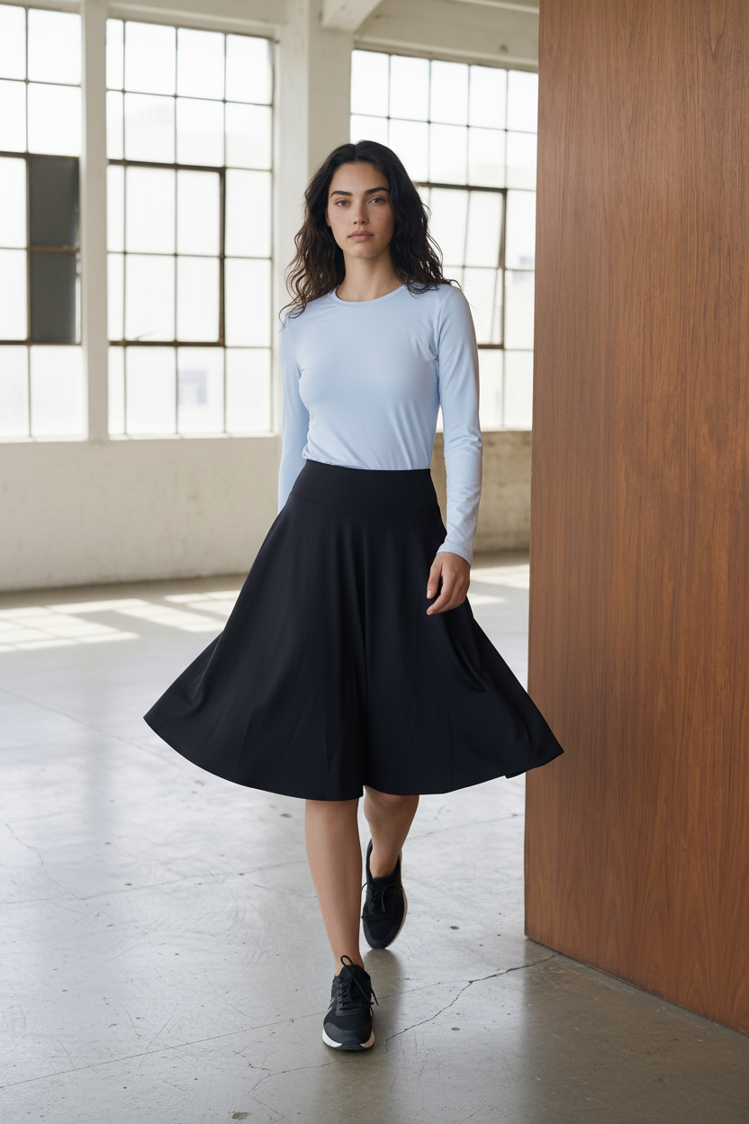 Black Skirt Blue Top Walking Pose