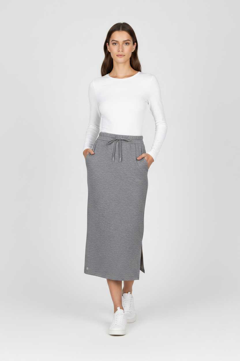 Grey Skirt Hands in Pockets