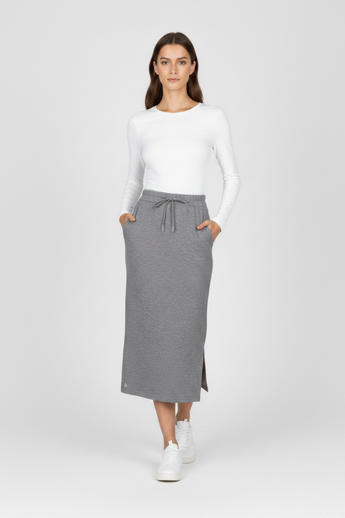 Grey Skirt Hands in Pockets