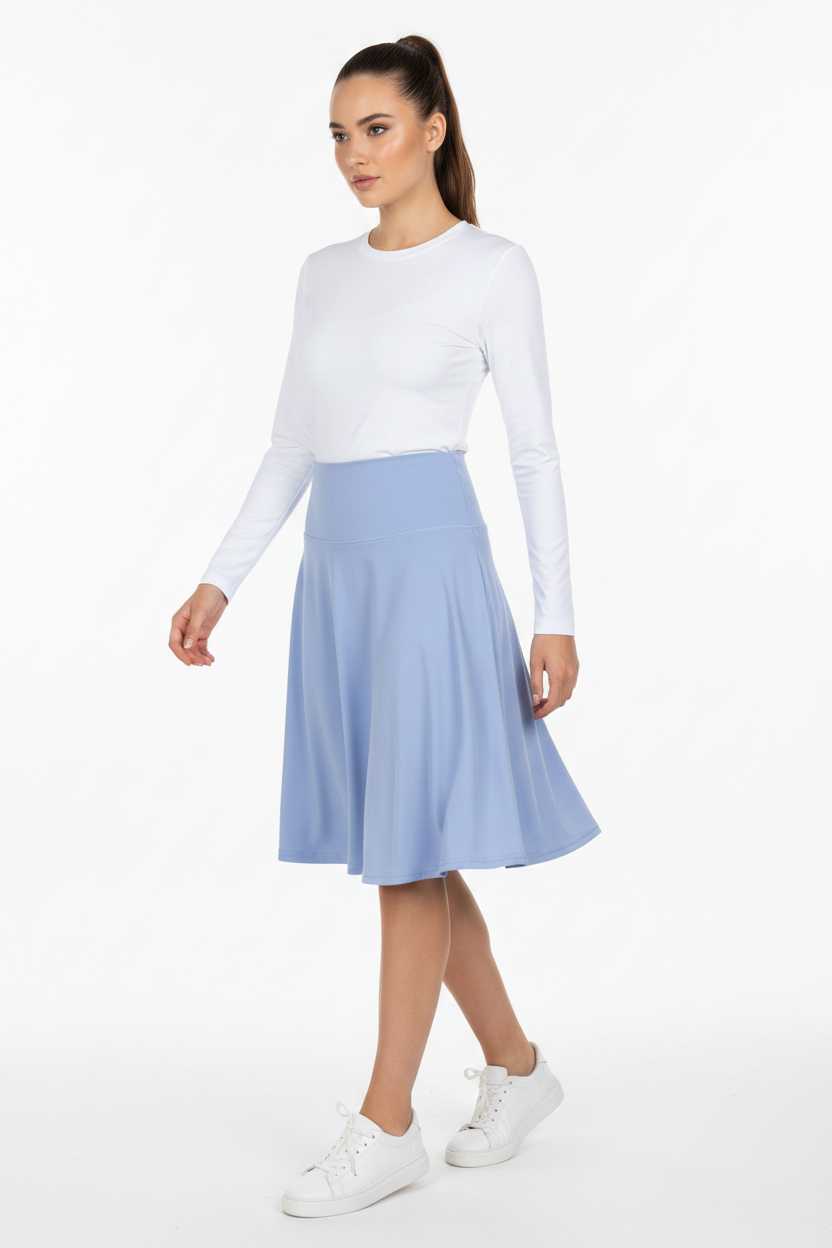 Light Blue Flared Skirt on Model