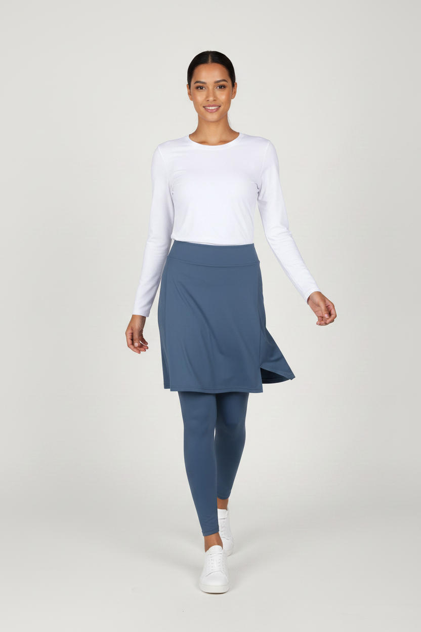 White Top Blue Skort Walking Pose